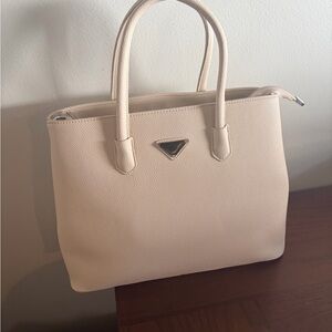 Structured Beige Saffiano Style Tote Bag – Elegant Top Handle Satchel Purse NWOT